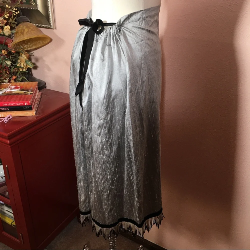 Vintage 1990 Y2K Unique Art deco Raw Silk Beaded Fringe Midi Formal Skirt - Picture 4 of 17